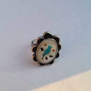 Vintage Zuni Turquoise Bird Inlay Ring – Size 6.5 – Sterling Silver – Signed “T”